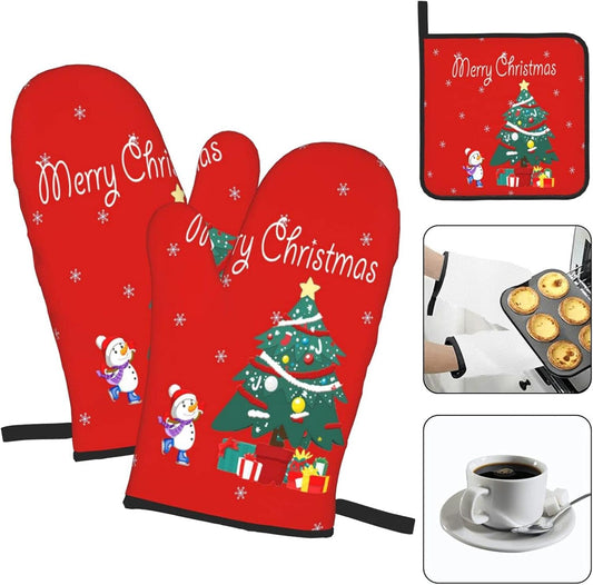 Winter Tree Oven Mitts - and Pot Holder Gloves Women Men Safe Cooking Oven Gloves for BBQ Cooking Housewarming Kitchen Decoration（ Red Oven Mitts Set Red）